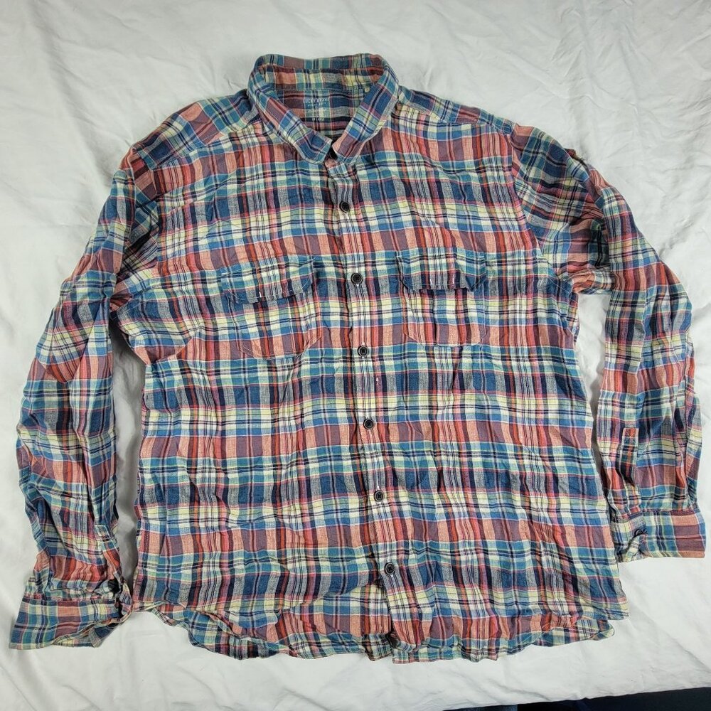 Lucky Brand Irish Linen By Baird McNutt Mens 2XL Red Blue Plaid Shirt Causal